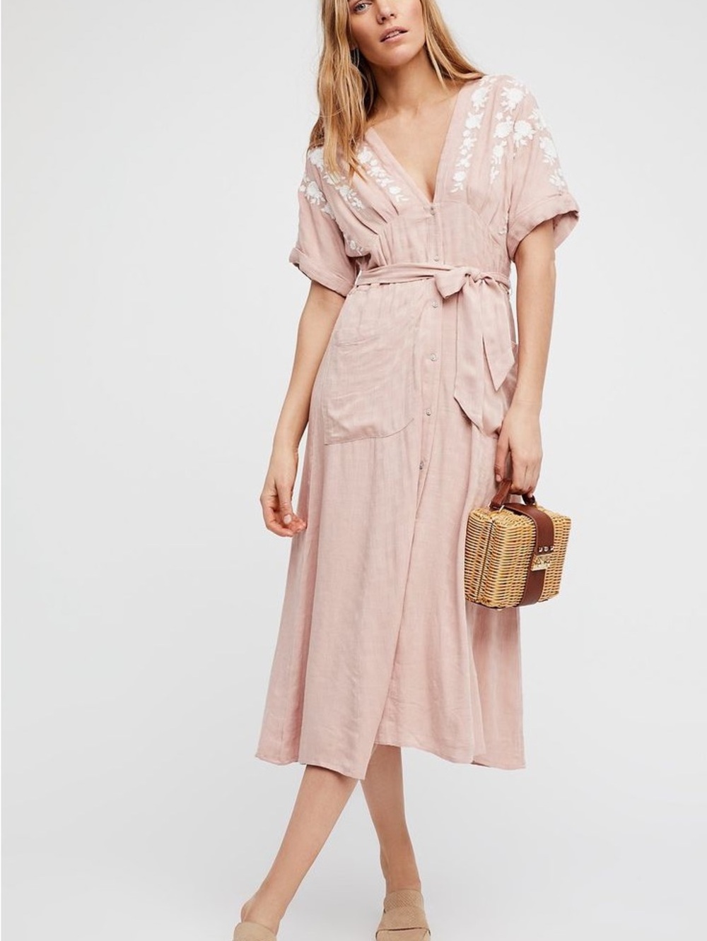 Free People Love to Love You Pink Embroidered Button-Front Midi Dress